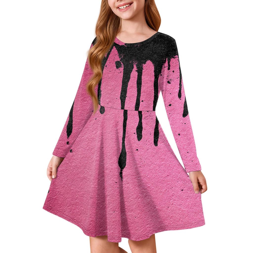 Girls' Summer Princess Dress Halloween Day- Long Sleeve A-Line T-Shirt Dress