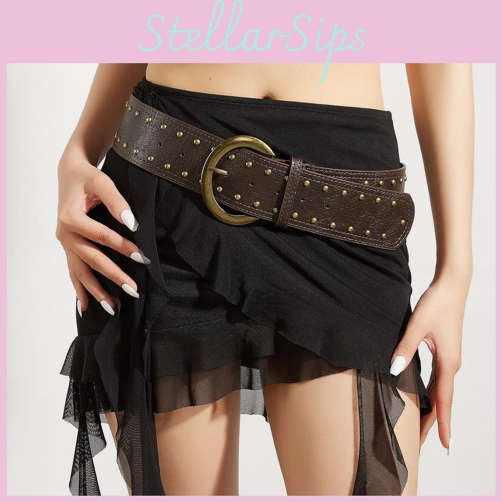 Punkinspired Leather Rivet Belt With Double Row Stitching Urban Style Outfits