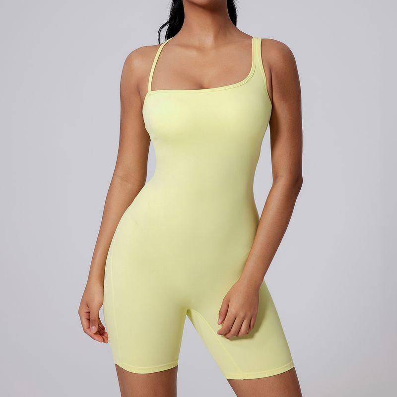 

New Arrival Asymmetric Beauty Back Yoga Clothes Dance Sports Jumpsuit Hip Lifting Pleated Hollow Siamese Shorts Iced Lemon M