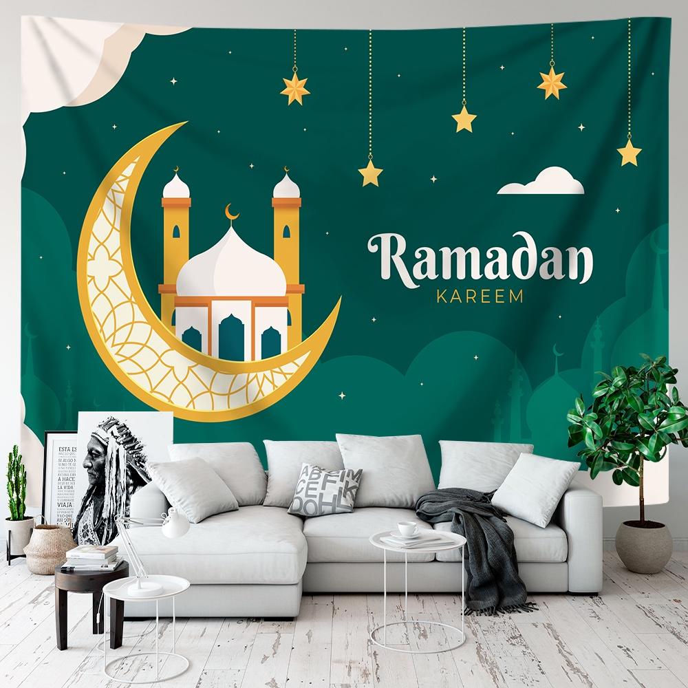 VIKAMA Green Gold Mosque Tapestry Ramadan Kareem Ramadan Wall Hanging Islamic Bedroom Decor Washable Art for Living Room