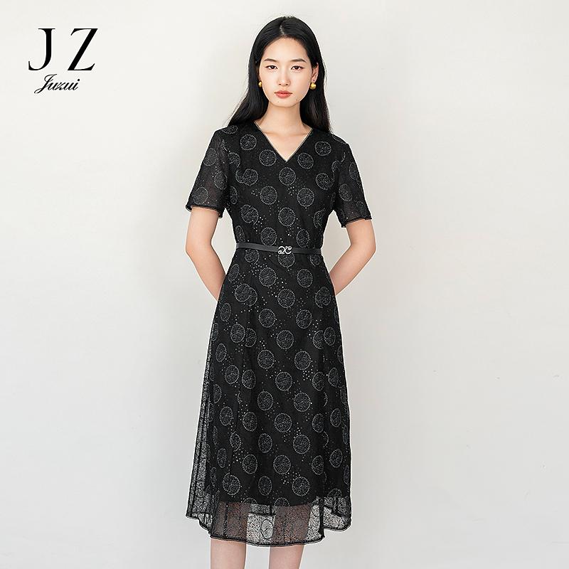 JUZUI Elegant Light Mature Wind Embroidered Glitter Waist Dress Women's Summer New Style