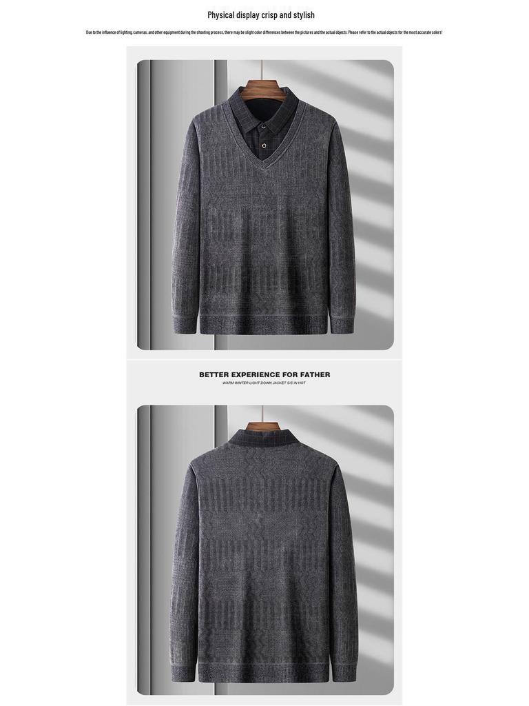 Dad's Winter Warm Chenille Knitwear: Men's Fleece-Lined Two-Piece Sweater with Thick Shirt Collar for Autumn/Winter.