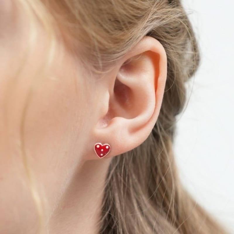 BONBEAU Dotting Red Heart Silver Pin Earrings