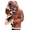 Chaqueta de cuero para hombre con capucha, cuello de piel grande y terciopelo grueso, color marrón
