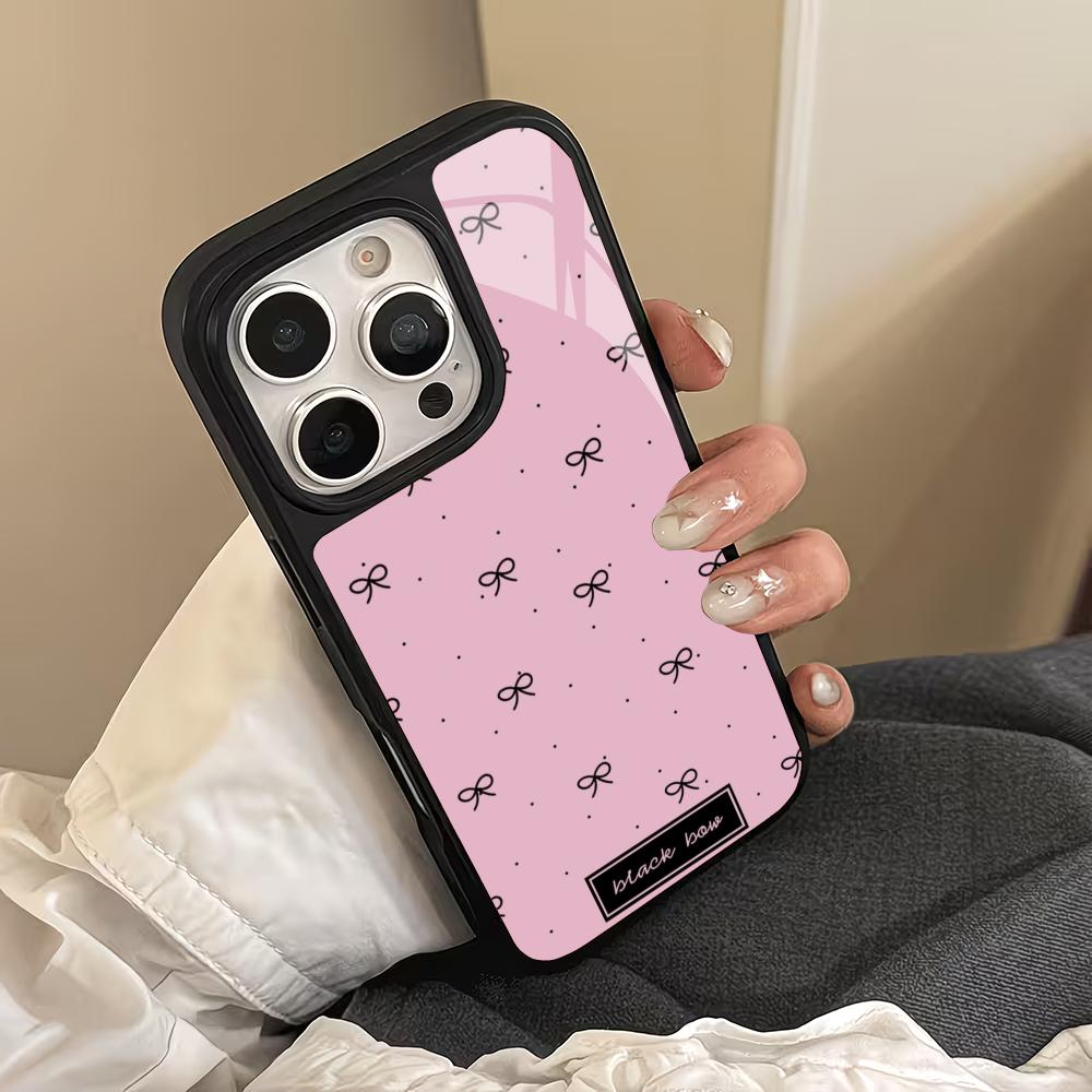 Cute Black Bow Glass Phone Case Suitable for iPhone 17 16 15 14 13 12 11 Pro/Max/Plus Anti Drop and Shockproof Back Cover