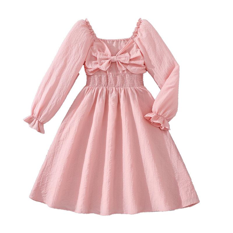 Children's 2025 Autumn French Square Neck Long Sleeve Dress with Waist-Cinching and Large Hem for Big Kids.