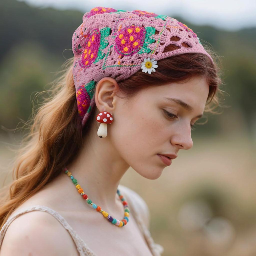 2pcs Crochet Headband,Knitted Strawberry Bandana Headband Boho Headscarf Vintage Head Kerchief for Women Knitted Hair Bandanas Kawaii Vintage