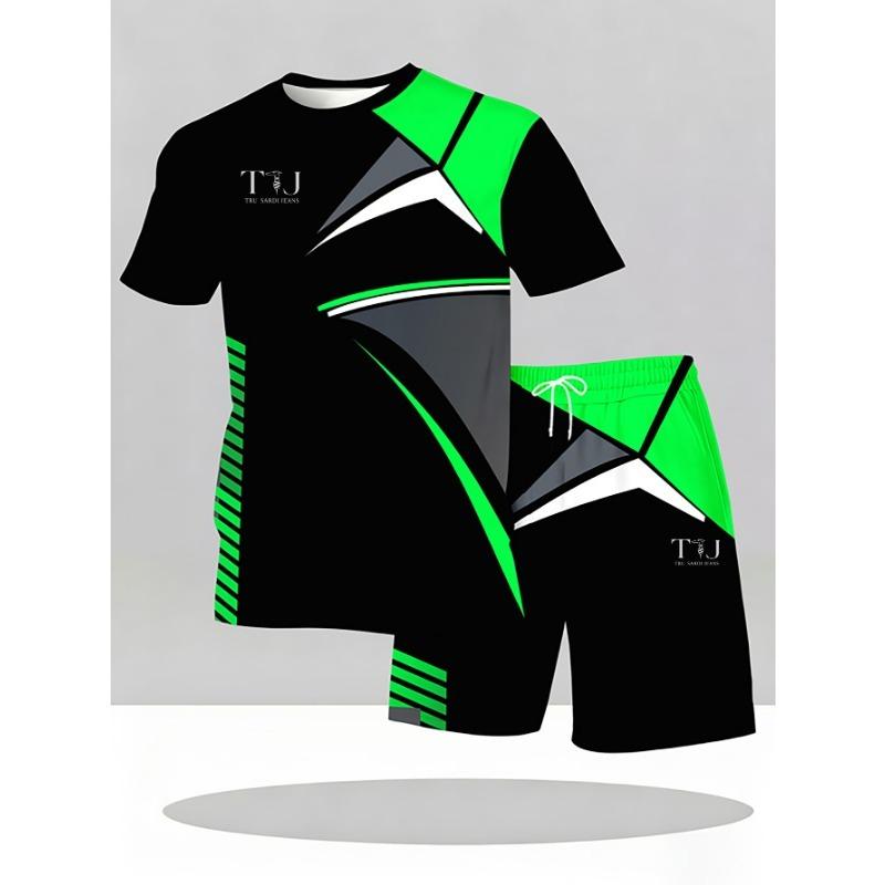 Men s Fashion Trendy Casual Round Neck Printed Short Sleeve Set S