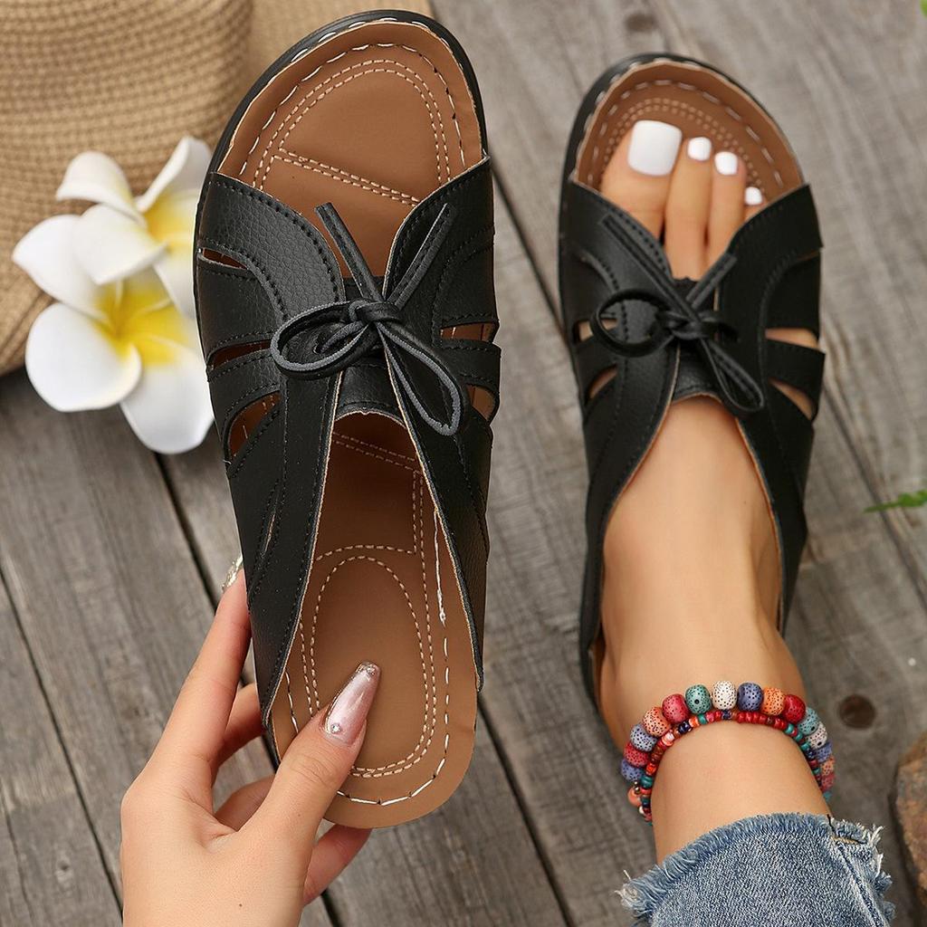 2024 Women's Plus Size Wedge Sandals: Fish Mouth Roman Slippers with Bow Decor & Thick Sole