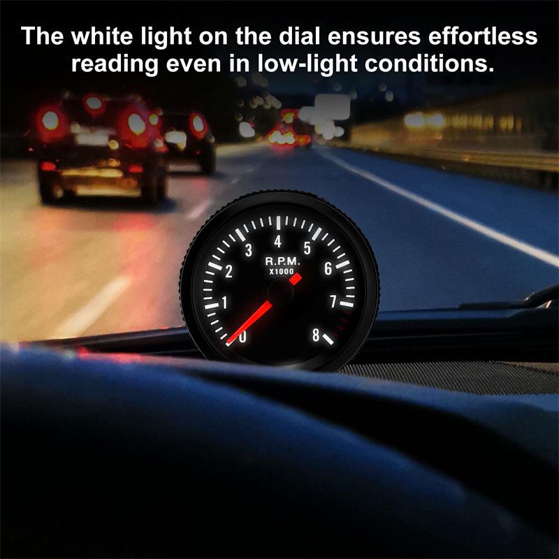 LED Car Tachometer 2-inch 52mm, Black and White Light, 0-8000 RPM for 1-8 Cylinder Engines