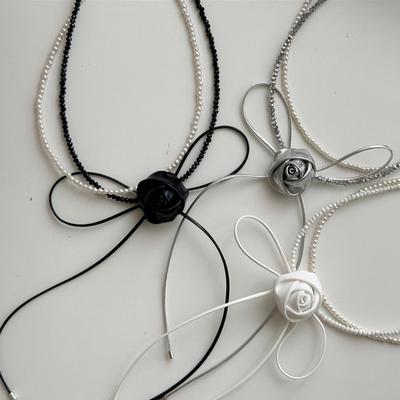 Leather Flower Bow Pearl Necklace Women'S Retro Niche Personality Versatile Temperament Fashion Neck Chain Collarbone Chain