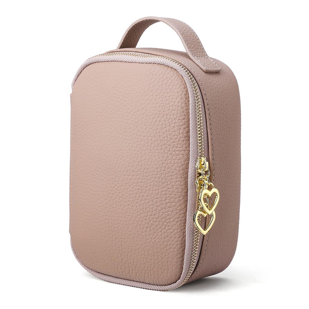 Women's Top Grain Leather Cosmetic Jewelry Organizer Compact Toiletry Bag Portable Makeup Pouch for Daily Travel Use