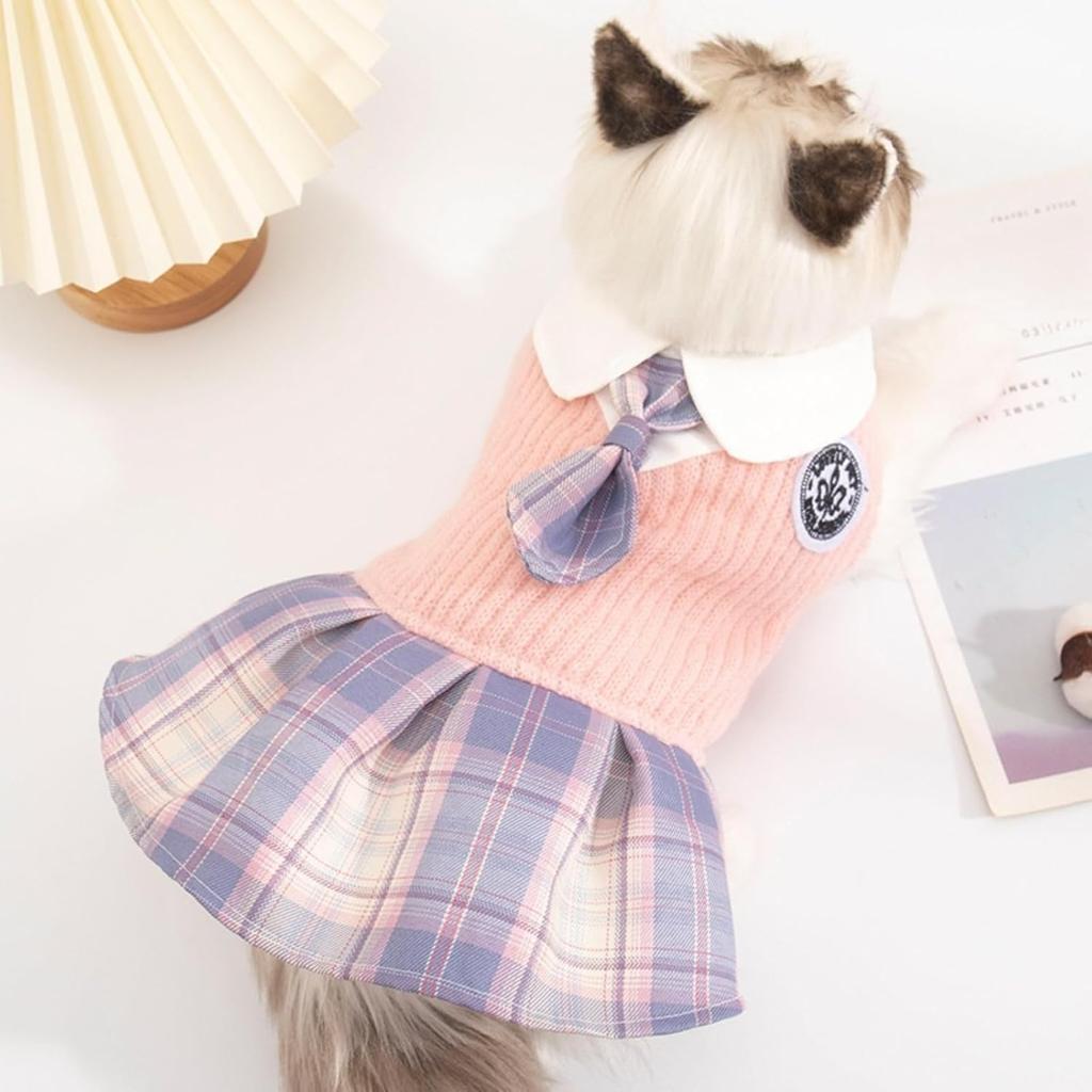 Elegant Puppy Pink Plaid Skirts for Dog Girl Chihuahua Yorkies Female Dog Clothes Cute Cat Princess Dresses with Necktie (M (5.5-8.8lbs))