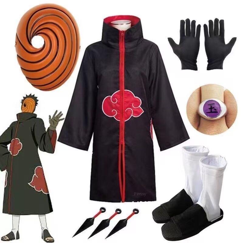 Ah Fei cos take Naruto Xiao organization cloud robe cosplay set red cloud cloak with earth mask ring jade
