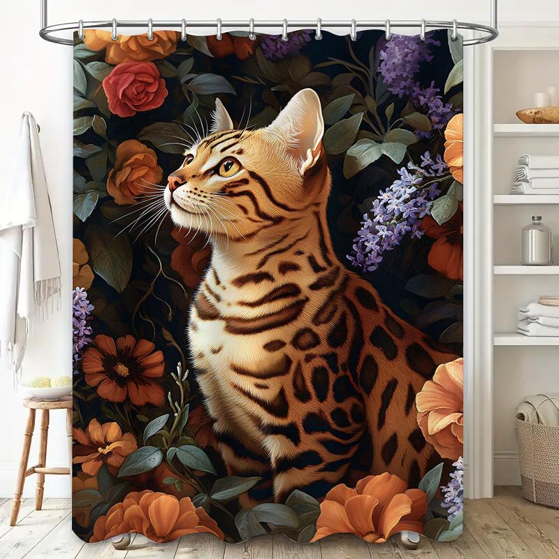 Tier-Duschvorhang Tiger Katze Blumendruck Badezimmerteppich Dekoration Wohnkultur Wasserdichtes Gewebe Duschvorhänge Für Badezimmerfliesen