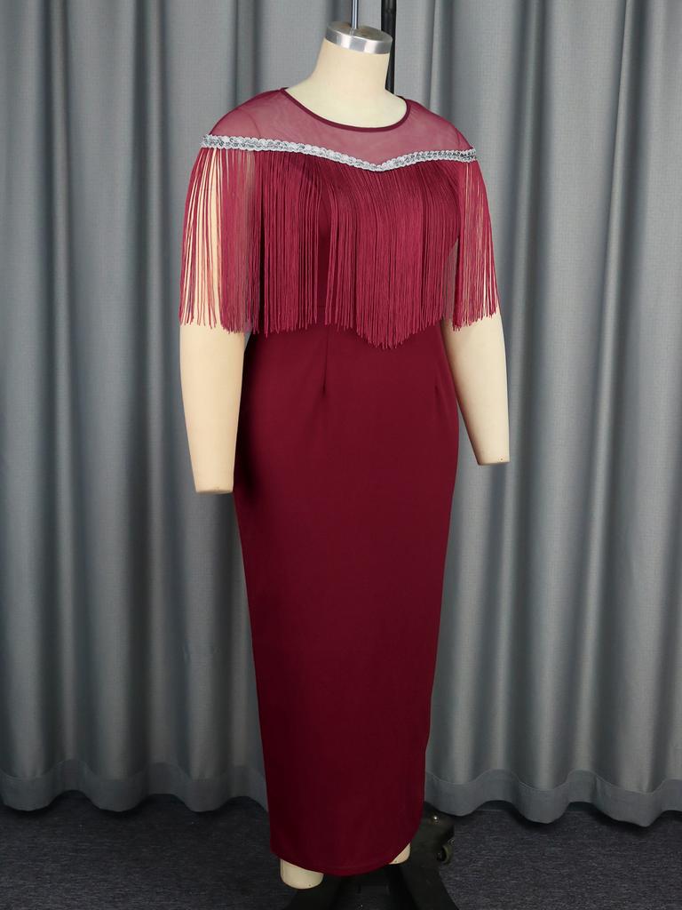 Womens Prom Dresses Fringe Mesh Patchwork Round Neck Sequins Pencil Plus Size Party Dresses