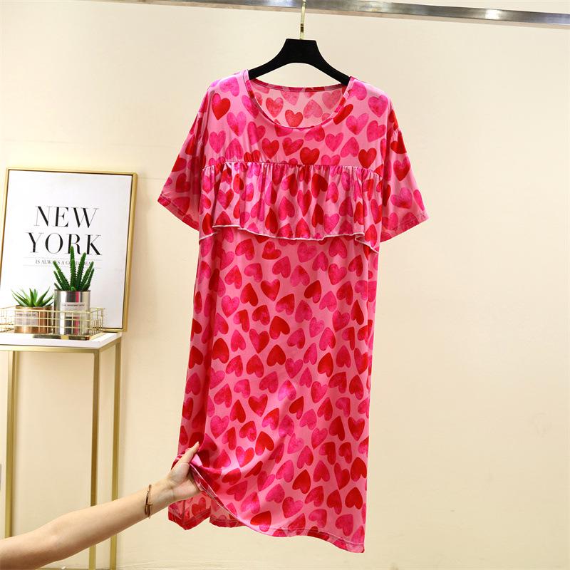 2025 Summer Floral Cotton and Silk Midi Dress - Short Sleeve, Loose Fit Nightgown