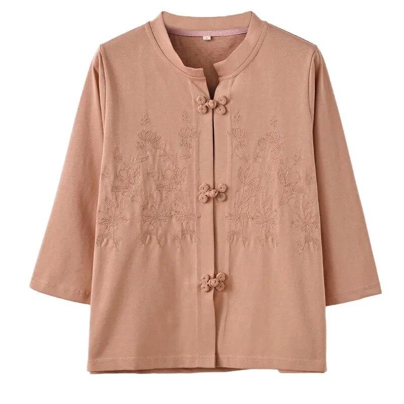 Johnature Bluze de primăvară în stil chinezesc pentru femei, cu broderie florală, cămăși vintage, cu nouă mâneci, culoare uni, cu butoni