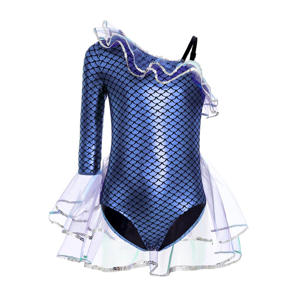 Costum de Sirena pentru Fete cu Mânecă Lungă Salopetă Manșete din Plasă Nasturi Capse Ținută de Scenă