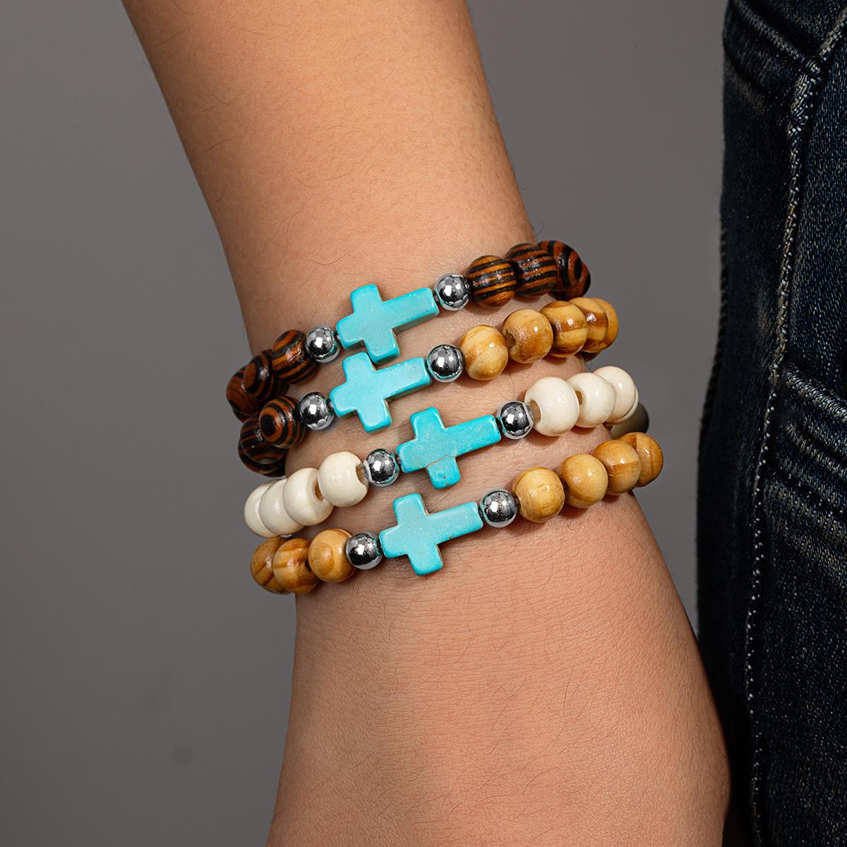 

4-piece Bohemian style spliced two-color wooden bead cross multi piece set, unisex bracelet, daily versatile