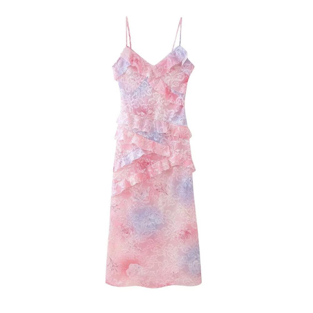 

2024 летнее новое модное сексуальное длинное платье с принтом на подтяжках и открытой спиной на шнуровке нестандартной формы с рюшами для женщин L разноцветный