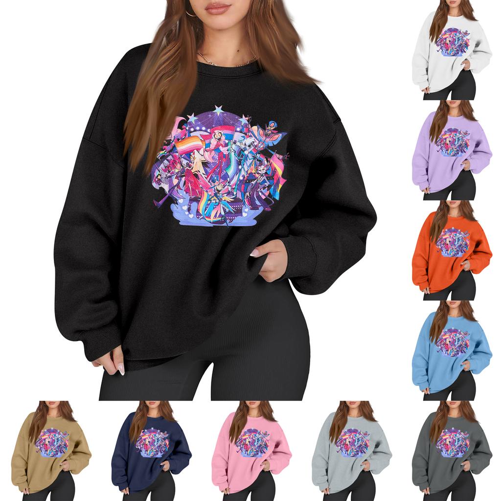 Women's Fashion Long Sleeve Print Round Neck Loose Pullover Sweater Top