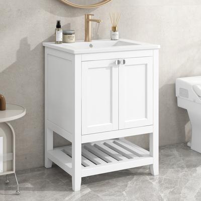 Badezimmermöbel Einzelwaschtisch mit Waschtischunterschrank 60cm mit Keramikwaschbecken, Weiß