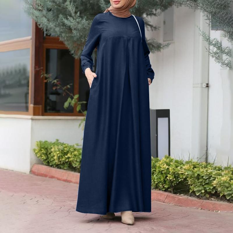 

ZANZEA Женское ретро повседневное платье с круглым вырезом и длинными рукавами свободного кроя XL темно-синий