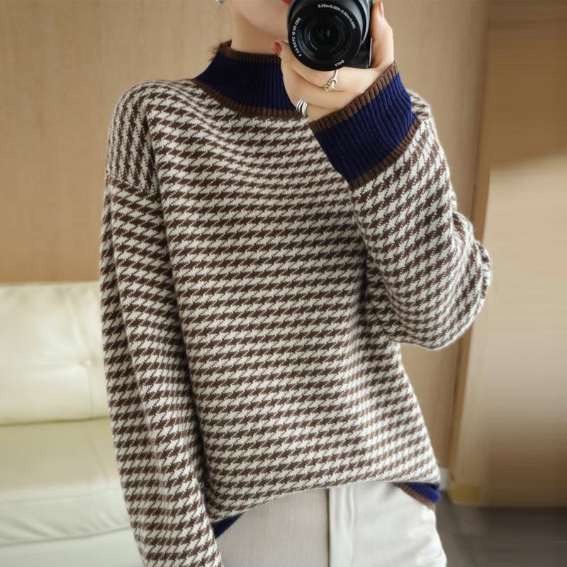 Herbst Winter Retro Vielseitig Halb Rollkragen Lose und Dünne Strick Pullover Frauen Langarm Casual Plaid Pullover Pullover Weibliche Strick Pullover