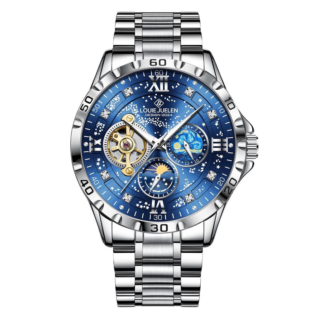 Luxury Automatic Mechanical Men Watch Fashion Moon Phase Business Watches Hollow Tourbillon Stainless Steel Men Wristwatch