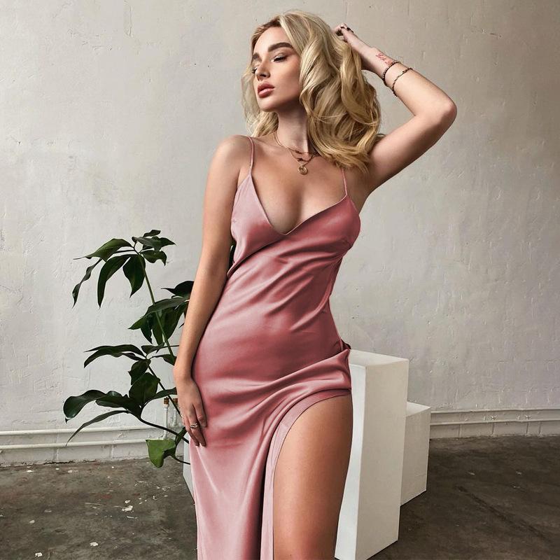 Women Satin V Neck Spaghetti Strap Bodycon Long Slip Dress S розовый
