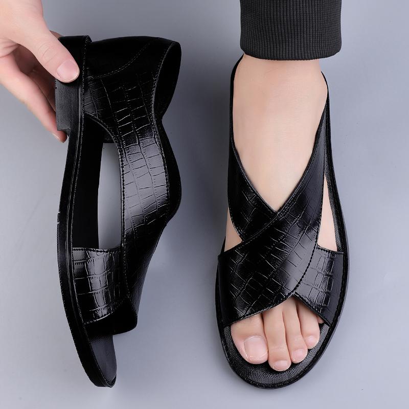 FashionSummer Men's Quality Genuine Leather Sandals Black Anti slip Breathable Casual Shoes Comfortable Business Flat Bottom Sandals