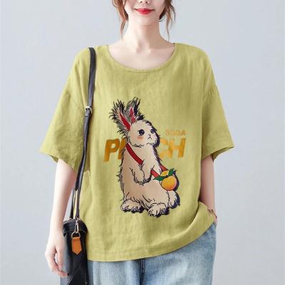Tops for Women Cotton Summer Large Size T-shirt Round Neck Loose Rabbit Printed Casual Pullover T-shirt Top