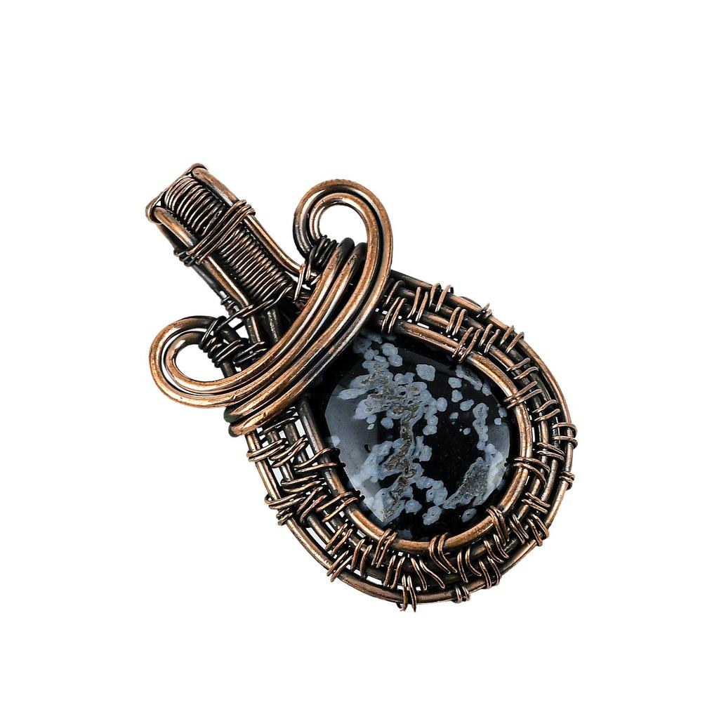 Snowflake Obsidian Pendant Gemstone Jewelry, 999 Copper Wire Wrapped Pendant, Gift For Women Handmade Pendant