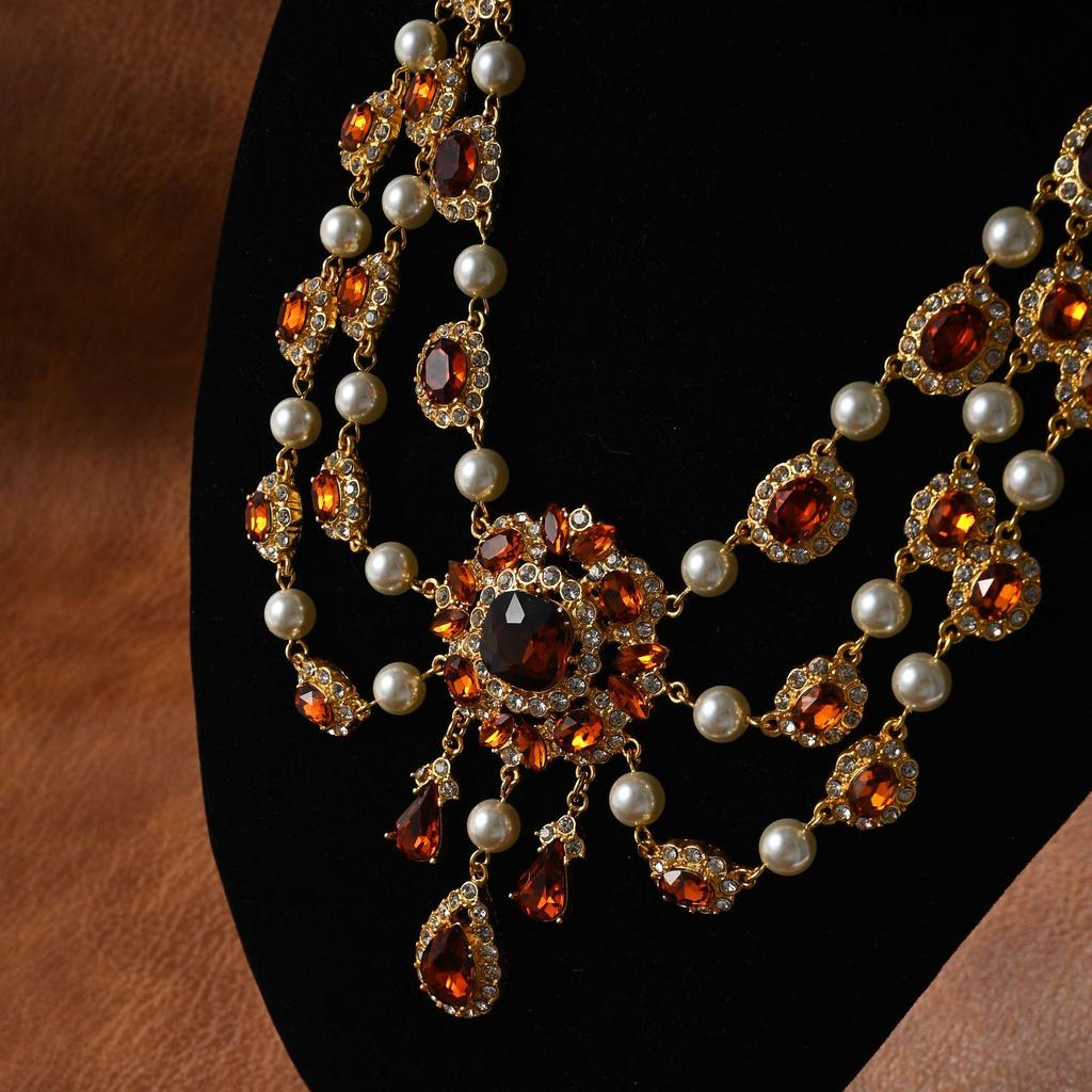 Vintage Baroque Rhinestone Earrings & Pearl Water Drop Necklace Set