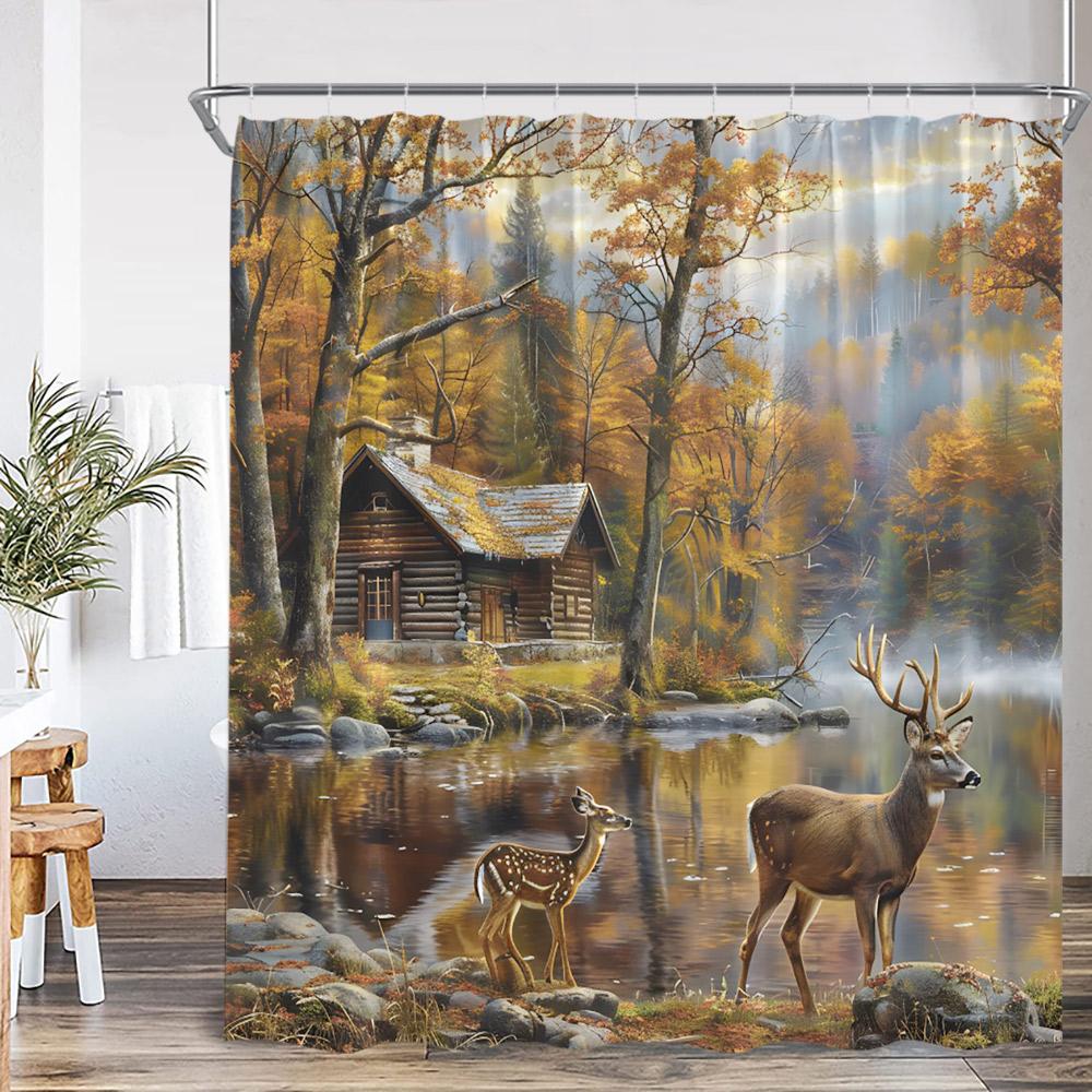 Deer Autumn Scenery Shower Curtain Maple Tree Cabin Stream Mountains Nature Landscape Polyester Bathtub Curtain Bath Decorations