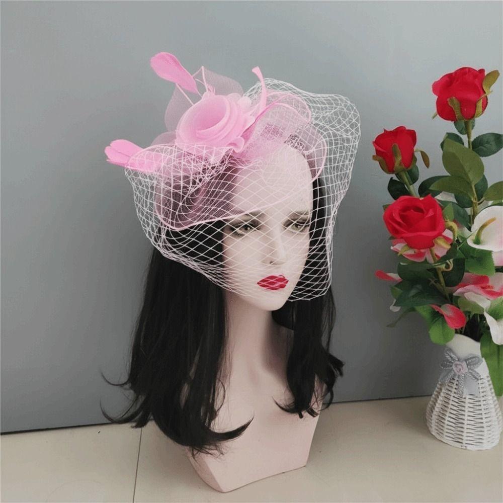 Vintage Style Fascinator Hat Exquisite Elegant Feather Mesh Veil Hat Sweet Bow Fancy Flower Hair Band Race Millinery