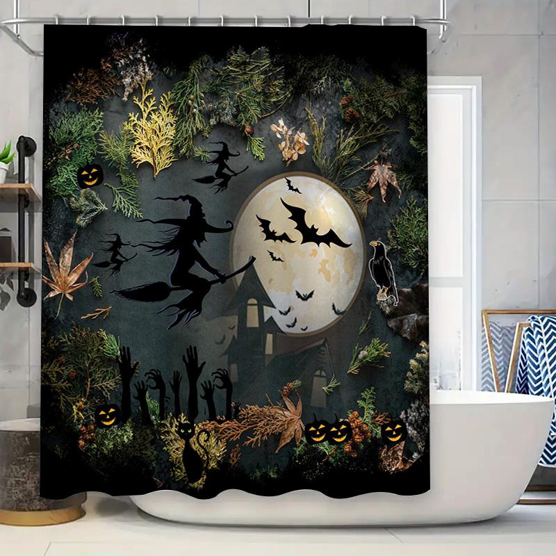 

Занавеска для душа на тему Хэллоуина с ведьмой, летящей по воздуху, с летучими мышами и тыквами, идеально подходящая для жуткого декора Черный c 90x180cm