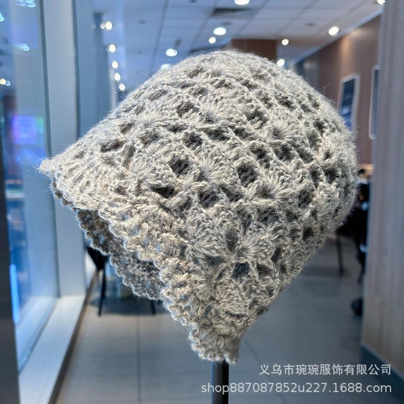 Spring and Autumn Hollow Double Layer Cotton Thread Handmade Crochet Baotou Hat Female Elegant Retro Sweet Decorative Knitted Cold Hat