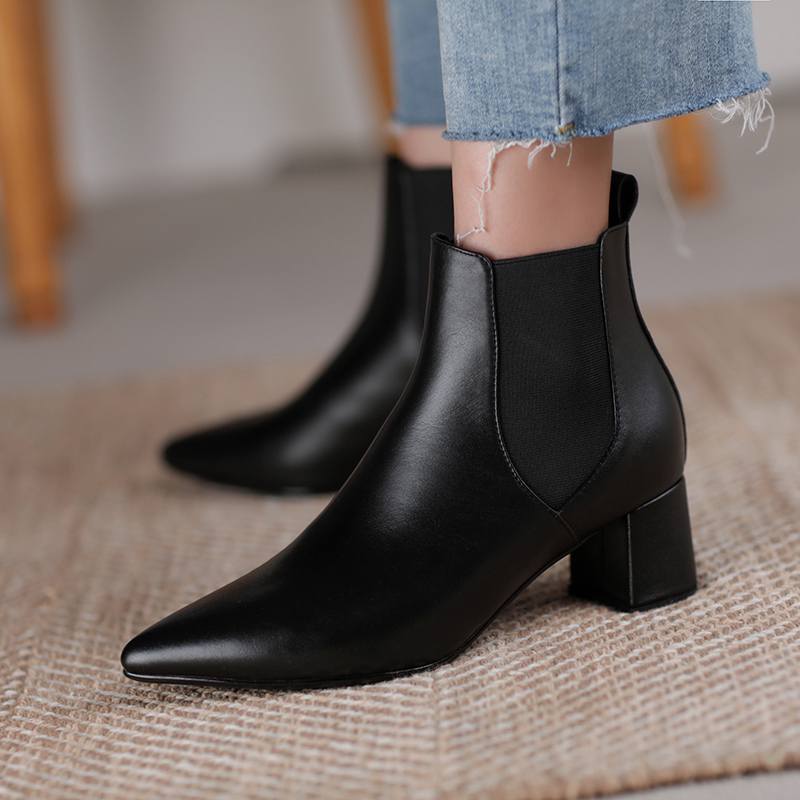 Krazing Pot Kravská kůže Zimní Špičaté špičky Silné střední podpatky Chelsea boty Dámské Nazouvací Velká velikost Retro Stručný styl Kotníkové boty