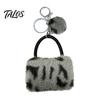 Key Ring with Pompom Leopard Print Plush Handbag Keychain, Mini Bag Pendant Retro Style Keychain Pompom, Backpack Decorative Accessory for Women Girls