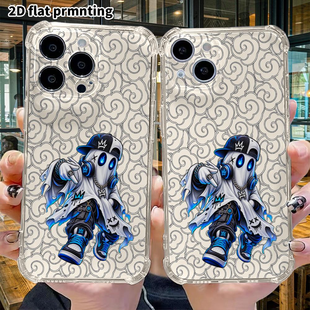 Phone Case: 2D Flat, Fits iPhone 18 17 16 15 14 13 Pro, Transparent Corner Protection Case, Hip Hop Ghost, Christmas and Halloween Gifts