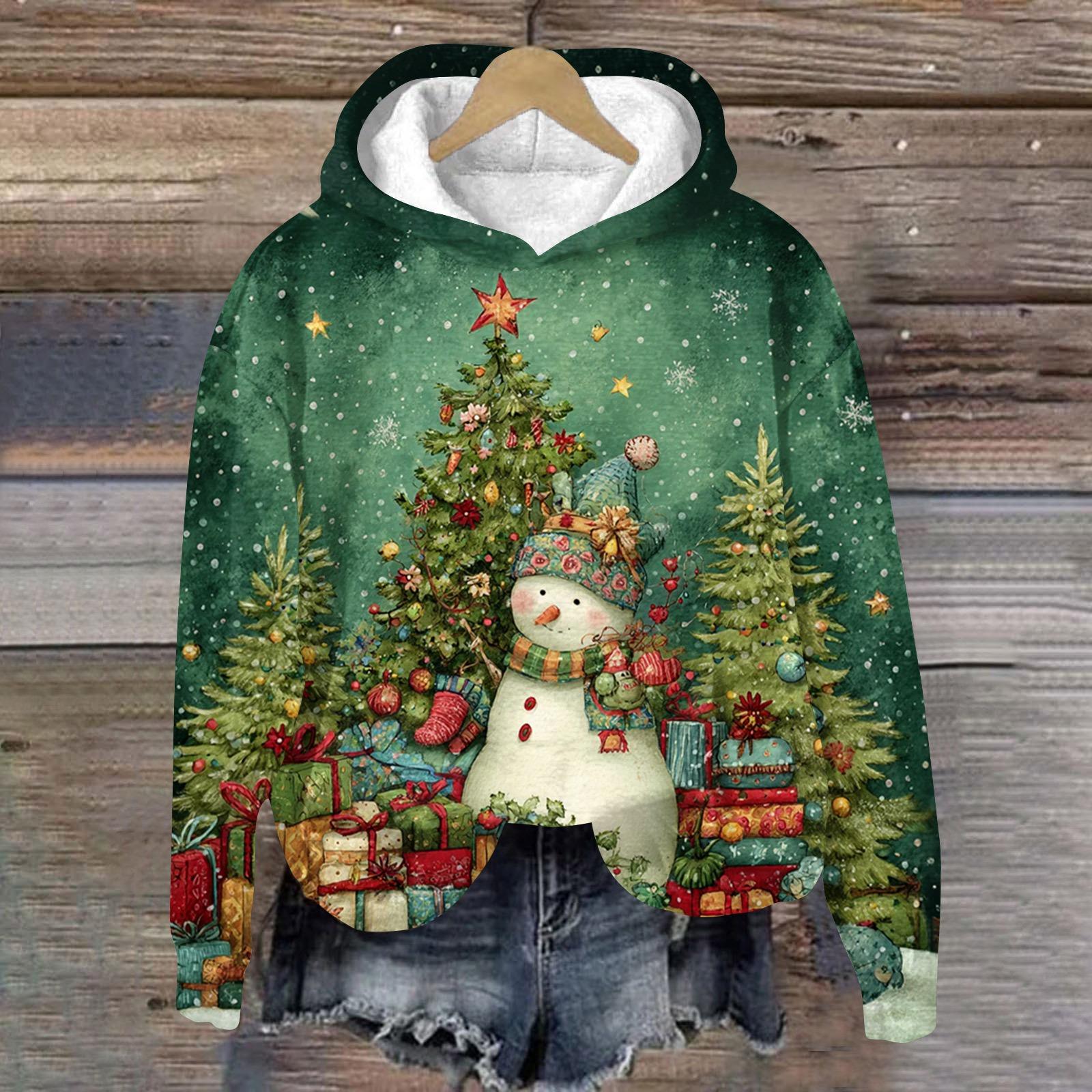 

Women s Fashion Long Sleeve Christmas Print Loose Hooded Sweatshirt Top L армія зелений колір