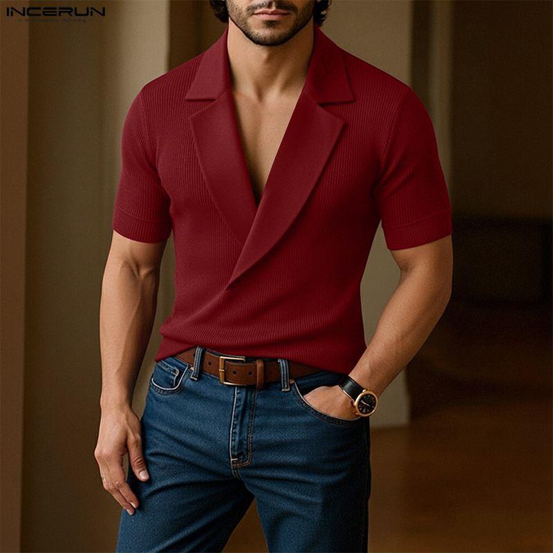 INCERUN Summer Men V Neck Short Sleeve Striped Rib Casual T-shirts Tops