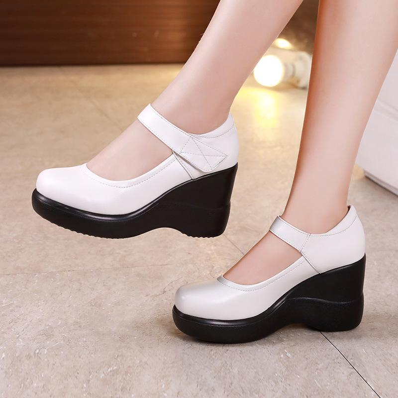 GKTINOO Round Toe Wedge Pumps Women Shoes Mary Jane Shoes Thick Bottom Leather Shoes Platform Pumps Brand New Large Size