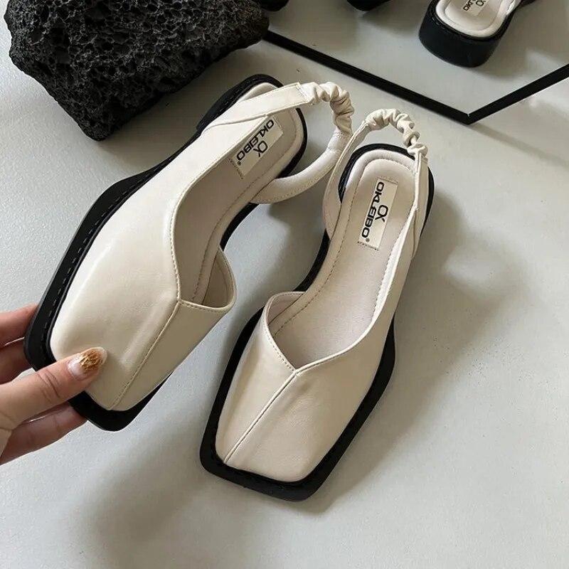 Womens Summer Elegant Sandals Elastic Band Flat Heel Shallow Party Shoes Square Heel Square Toe Ladies