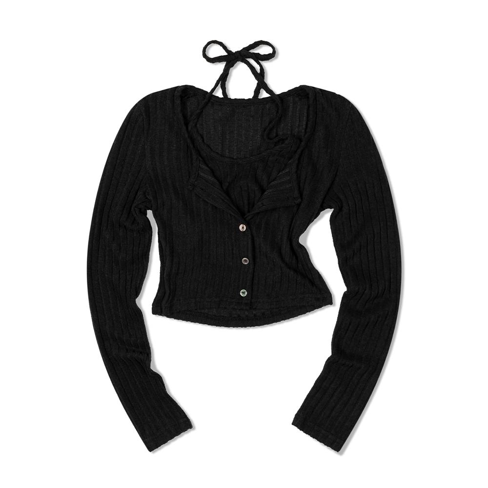 Moa Crop Halterneck Layered Cardigan (Black) Black/M