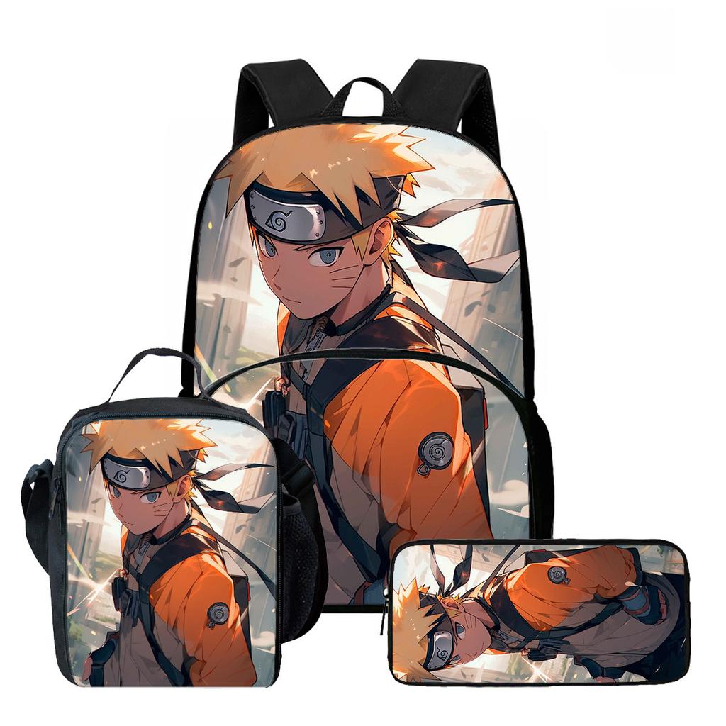 3Pcs NARUTO Cartoon School Bag Set Lightweight Backpack With Front Pocket Lunch Bag And Pencil Case For Boys Girls Kids Age 5-10