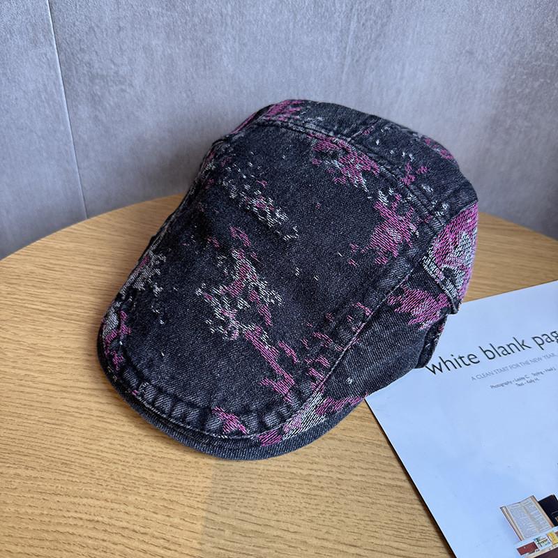 

Выстиранный ретро джинсовый берет с узорным дизайном для повседневной носки чёрный