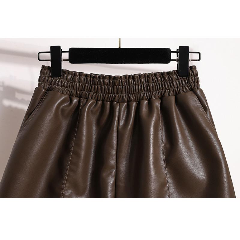 DIMANAF 2024 Plus Size Autumn Winter Shorts Women A-Line New PU Leather Casual Soft Wide Leg Pants Loose Short Pants